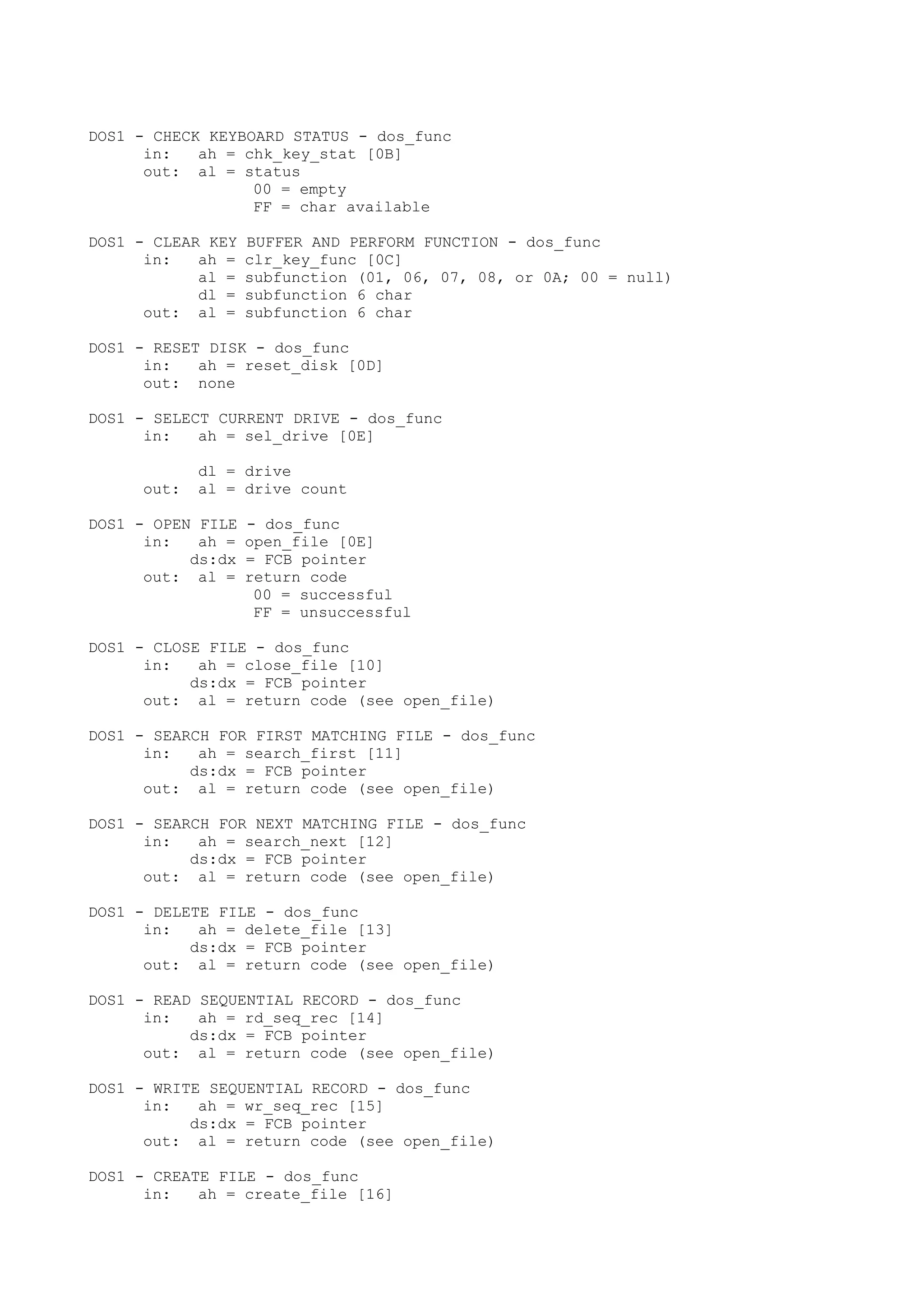 DOS1 - CHECK KEYBOARD STATUS - dos_func
in: ah = chk_key_stat [0B]
out: al = status
00 = empty
FF = char available
DOS1 - CLEAR KEY BUFFER AND PERFORM FUNCTION - dos_func
in: ah = clr_key_func [0C]
al = subfunction (01, 06, 07, 08, or 0A; 00 = null)
dl = subfunction 6 char
out: al = subfunction 6 char
DOS1 - RESET DISK - dos_func
in: ah = reset_disk [0D]
out: none
DOS1 - SELECT CURRENT DRIVE - dos_func
in: ah = sel_drive [0E]
dl = drive
out: al = drive count
DOS1 - OPEN FILE - dos_func
in: ah = open_file [0E]
ds:dx = FCB pointer
out: al = return code
00 = successful
FF = unsuccessful
DOS1 - CLOSE FILE - dos_func
in: ah = close_file [10]
ds:dx = FCB pointer
out: al = return code (see open_file)
DOS1 - SEARCH FOR FIRST MATCHING FILE - dos_func
in: ah = search_first [11]
ds:dx = FCB pointer
out: al = return code (see open_file)
DOS1 - SEARCH FOR NEXT MATCHING FILE - dos_func
in: ah = search_next [12]
ds:dx = FCB pointer
out: al = return code (see open_file)
DOS1 - DELETE FILE - dos_func
in: ah = delete_file [13]
ds:dx = FCB pointer
out: al = return code (see open_file)
DOS1 - READ SEQUENTIAL RECORD - dos_func
in: ah = rd_seq_rec [14]
ds:dx = FCB pointer
out: al = return code (see open_file)
DOS1 - WRITE SEQUENTIAL RECORD - dos_func
in: ah = wr_seq_rec [15]
ds:dx = FCB pointer
out: al = return code (see open_file)
DOS1 - CREATE FILE - dos_func
in: ah = create_file [16]
 