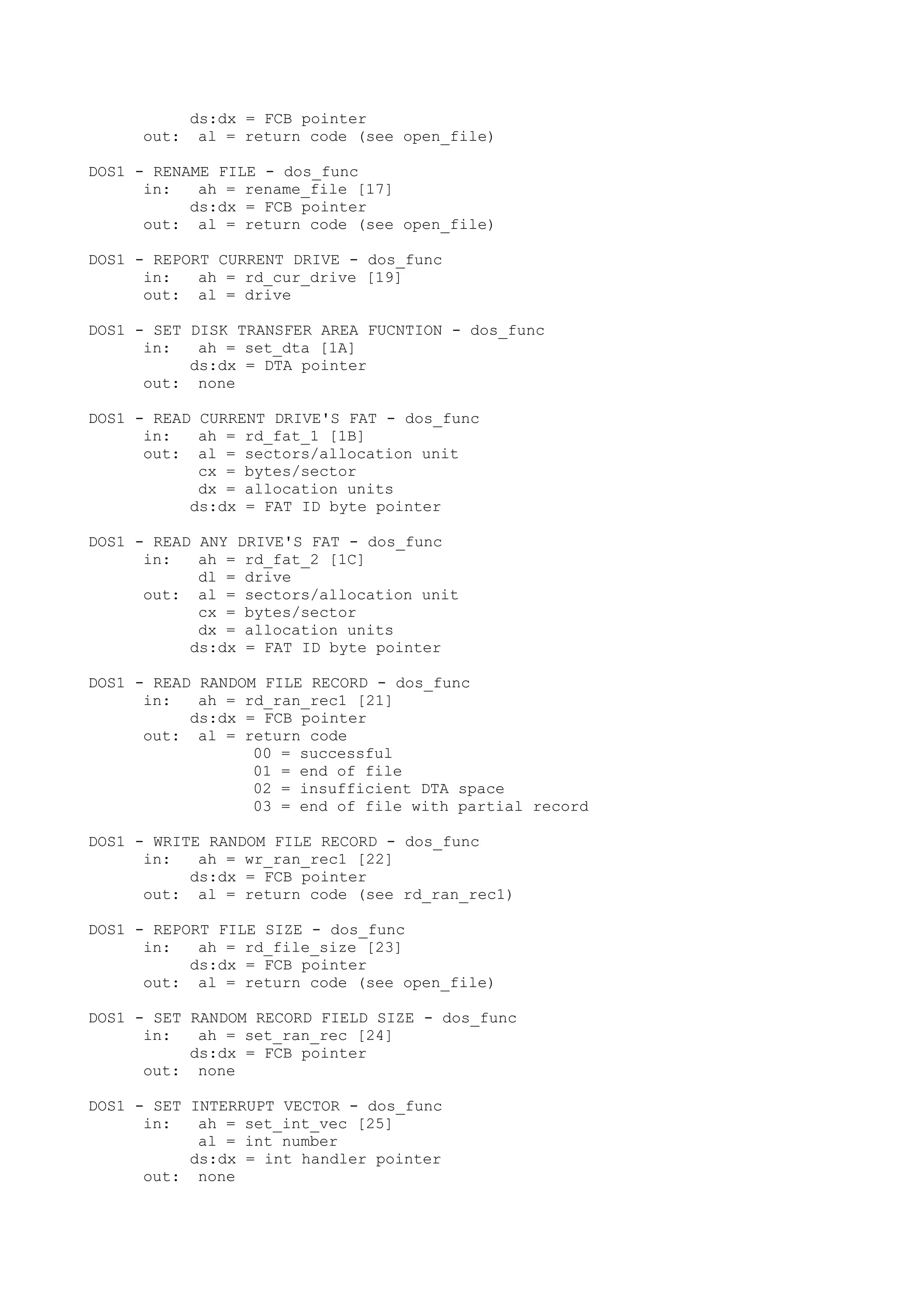 ds:dx = FCB pointer
out: al = return code (see open_file)
DOS1 - RENAME FILE - dos_func
in: ah = rename_file [17]
ds:dx = FCB pointer
out: al = return code (see open_file)
DOS1 - REPORT CURRENT DRIVE - dos_func
in: ah = rd_cur_drive [19]
out: al = drive
DOS1 - SET DISK TRANSFER AREA FUCNTION - dos_func
in: ah = set_dta [1A]
ds:dx = DTA pointer
out: none
DOS1 - READ CURRENT DRIVE'S FAT - dos_func
in: ah = rd_fat_1 [1B]
out: al = sectors/allocation unit
cx = bytes/sector
dx = allocation units
ds:dx = FAT ID byte pointer
DOS1 - READ ANY DRIVE'S FAT - dos_func
in: ah = rd_fat_2 [1C]
dl = drive
out: al = sectors/allocation unit
cx = bytes/sector
dx = allocation units
ds:dx = FAT ID byte pointer
DOS1 - READ RANDOM FILE RECORD - dos_func
in: ah = rd_ran_rec1 [21]
ds:dx = FCB pointer
out: al = return code
00 = successful
01 = end of file
02 = insufficient DTA space
03 = end of file with partial record
DOS1 - WRITE RANDOM FILE RECORD - dos_func
in: ah = wr_ran_rec1 [22]
ds:dx = FCB pointer
out: al = return code (see rd_ran_rec1)
DOS1 - REPORT FILE SIZE - dos_func
in: ah = rd_file_size [23]
ds:dx = FCB pointer
out: al = return code (see open_file)
DOS1 - SET RANDOM RECORD FIELD SIZE - dos_func
in: ah = set_ran_rec [24]
ds:dx = FCB pointer
out: none
DOS1 - SET INTERRUPT VECTOR - dos_func
in: ah = set_int_vec [25]
al = int number
ds:dx = int handler pointer
out: none
 