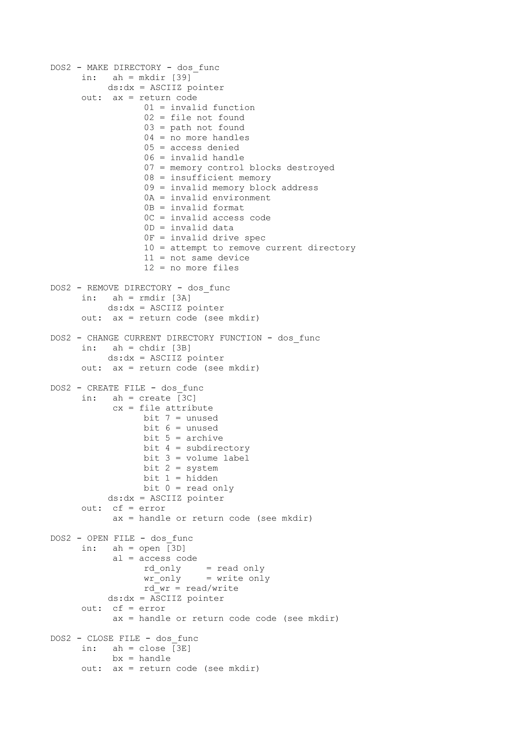 DOS2 - MAKE DIRECTORY - dos_func
in: ah = mkdir [39]
ds:dx = ASCIIZ pointer
out: ax = return code
01 = invalid function
02 = file not found
03 = path not found
04 = no more handles
05 = access denied
06 = invalid handle
07 = memory control blocks destroyed
08 = insufficient memory
09 = invalid memory block address
0A = invalid environment
0B = invalid format
0C = invalid access code
0D = invalid data
0F = invalid drive spec
10 = attempt to remove current directory
11 = not same device
12 = no more files
DOS2 - REMOVE DIRECTORY - dos_func
in: ah = rmdir [3A]
ds:dx = ASCIIZ pointer
out: ax = return code (see mkdir)
DOS2 - CHANGE CURRENT DIRECTORY FUNCTION - dos_func
in: ah = chdir [3B]
ds:dx = ASCIIZ pointer
out: ax = return code (see mkdir)
DOS2 - CREATE FILE - dos_func
in: ah = create [3C]
cx = file attribute
bit 7 = unused
bit 6 = unused
bit 5 = archive
bit 4 = subdirectory
bit 3 = volume label
bit 2 = system
bit 1 = hidden
bit 0 = read only
ds:dx = ASCIIZ pointer
out: cf = error
ax = handle or return code (see mkdir)
DOS2 - OPEN FILE - dos_func
in: ah = open [3D]
al = access code
rd_only = read only
wr_only = write only
rd_wr = read/write
ds:dx = ASCIIZ pointer
out: cf = error
ax = handle or return code code (see mkdir)
DOS2 - CLOSE FILE - dos_func
in: ah = close [3E]
bx = handle
out: ax = return code (see mkdir)
 
