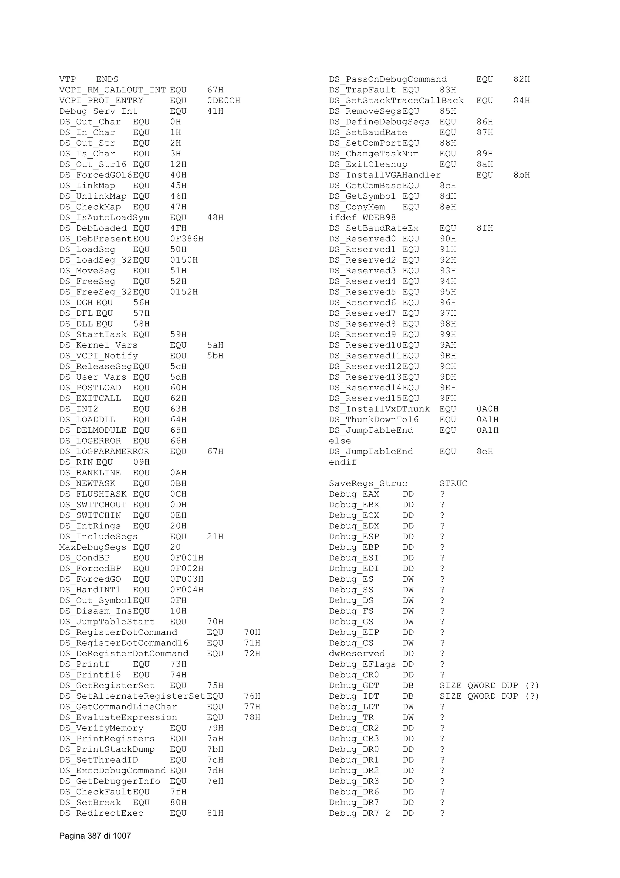 VTP ENDS
VCPI_RM_CALLOUT_INT EQU 67H
VCPI_PROT_ENTRY EQU 0DE0CH
Debug_Serv_Int EQU 41H
DS_Out_Char EQU 0H
DS_In_Char EQU 1H
DS_Out_Str EQU 2H
DS_Is_Char EQU 3H
DS_Out_Str16 EQU 12H
DS_ForcedGO16EQU 40H
DS_LinkMap EQU 45H
DS_UnlinkMap EQU 46H
DS_CheckMap EQU 47H
DS_IsAutoLoadSym EQU 48H
DS_DebLoaded EQU 4FH
DS_DebPresentEQU 0F386H
DS_LoadSeg EQU 50H
DS_LoadSeg_32EQU 0150H
DS_MoveSeg EQU 51H
DS_FreeSeg EQU 52H
DS_FreeSeg_32EQU 0152H
DS_DGH EQU 56H
DS_DFL EQU 57H
DS_DLL EQU 58H
DS_StartTask EQU 59H
DS_Kernel_Vars EQU 5aH
DS_VCPI_Notify EQU 5bH
DS_ReleaseSegEQU 5cH
DS_User_Vars EQU 5dH
DS_POSTLOAD EQU 60H
DS_EXITCALL EQU 62H
DS_INT2 EQU 63H
DS_LOADDLL EQU 64H
DS_DELMODULE EQU 65H
DS_LOGERROR EQU 66H
DS_LOGPARAMERROR EQU 67H
DS_RIN EQU 09H
DS_BANKLINE EQU 0AH
DS_NEWTASK EQU 0BH
DS_FLUSHTASK EQU 0CH
DS_SWITCHOUT EQU 0DH
DS_SWITCHIN EQU 0EH
DS_IntRings EQU 20H
DS_IncludeSegs EQU 21H
MaxDebugSegs EQU 20
DS_CondBP EQU 0F001H
DS_ForcedBP EQU 0F002H
DS_ForcedGO EQU 0F003H
DS_HardINT1 EQU 0F004H
DS_Out_SymbolEQU 0FH
DS_Disasm_InsEQU 10H
DS_JumpTableStart EQU 70H
DS_RegisterDotCommand EQU 70H
DS_RegisterDotCommand16 EQU 71H
DS_DeRegisterDotCommand EQU 72H
DS_Printf EQU 73H
DS_Printf16 EQU 74H
DS_GetRegisterSet EQU 75H
DS_SetAlternateRegisterSetEQU 76H
DS_GetCommandLineChar EQU 77H
DS_EvaluateExpression EQU 78H
DS_VerifyMemory EQU 79H
DS_PrintRegisters EQU 7aH
DS_PrintStackDump EQU 7bH
DS_SetThreadID EQU 7cH
DS_ExecDebugCommand EQU 7dH
DS_GetDebuggerInfo EQU 7eH
DS_CheckFaultEQU 7fH
DS_SetBreak EQU 80H
DS_RedirectExec EQU 81H
DS_PassOnDebugCommand EQU 82H
DS_TrapFault EQU 83H
DS_SetStackTraceCallBack EQU 84H
DS_RemoveSegsEQU 85H
DS_DefineDebugSegs EQU 86H
DS_SetBaudRate EQU 87H
DS_SetComPortEQU 88H
DS_ChangeTaskNum EQU 89H
DS_ExitCleanup EQU 8aH
DS_InstallVGAHandler EQU 8bH
DS_GetComBaseEQU 8cH
DS_GetSymbol EQU 8dH
DS_CopyMem EQU 8eH
ifdef WDEB98
DS_SetBaudRateEx EQU 8fH
DS_Reserved0 EQU 90H
DS_Reserved1 EQU 91H
DS_Reserved2 EQU 92H
DS_Reserved3 EQU 93H
DS_Reserved4 EQU 94H
DS_Reserved5 EQU 95H
DS_Reserved6 EQU 96H
DS_Reserved7 EQU 97H
DS_Reserved8 EQU 98H
DS_Reserved9 EQU 99H
DS_Reserved10EQU 9AH
DS_Reserved11EQU 9BH
DS_Reserved12EQU 9CH
DS_Reserved13EQU 9DH
DS_Reserved14EQU 9EH
DS_Reserved15EQU 9FH
DS_InstallVxDThunk EQU 0A0H
DS_ThunkDownTo16 EQU 0A1H
DS_JumpTableEnd EQU 0A1H
else
DS_JumpTableEnd EQU 8eH
endif
SaveRegs_Struc STRUC
Debug_EAX DD ?
Debug_EBX DD ?
Debug_ECX DD ?
Debug_EDX DD ?
Debug_ESP DD ?
Debug_EBP DD ?
Debug_ESI DD ?
Debug_EDI DD ?
Debug_ES DW ?
Debug_SS DW ?
Debug_DS DW ?
Debug_FS DW ?
Debug_GS DW ?
Debug_EIP DD ?
Debug_CS DW ?
dwReserved DD ?
Debug_EFlags DD ?
Debug_CR0 DD ?
Debug_GDT DB SIZE QWORD DUP (?)
Debug_IDT DB SIZE QWORD DUP (?)
Debug_LDT DW ?
Debug_TR DW ?
Debug_CR2 DD ?
Debug_CR3 DD ?
Debug_DR0 DD ?
Debug_DR1 DD ?
Debug_DR2 DD ?
Debug_DR3 DD ?
Debug_DR6 DD ?
Debug_DR7 DD ?
Debug_DR7_2 DD ?
Pagina 387 di 1007
 