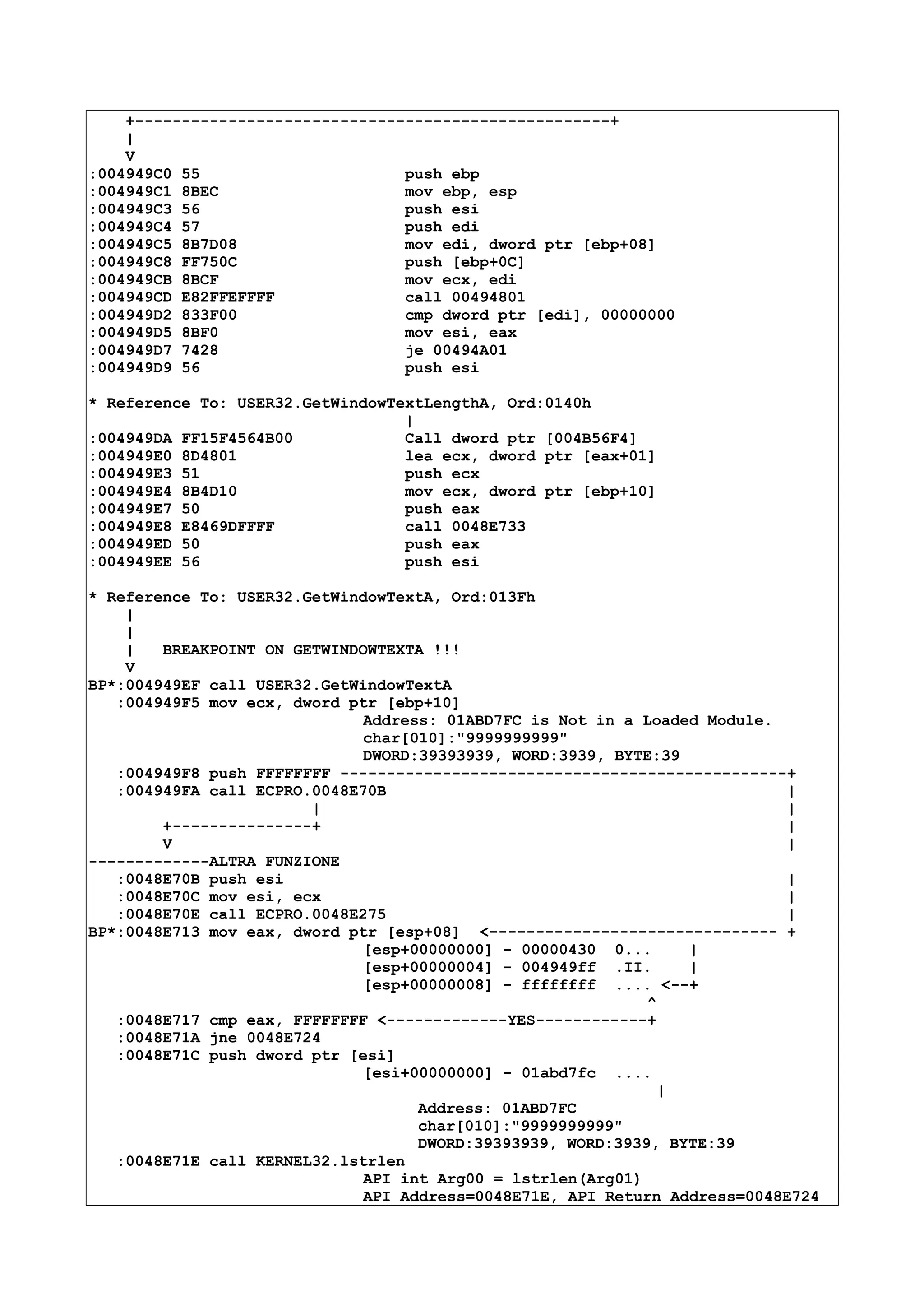 +---------------------------------------------------+
|
V
:004949C0 55 push ebp
:004949C1 8BEC mov ebp, esp
:004949C3 56 push esi
:004949C4 57 push edi
:004949C5 8B7D08 mov edi, dword ptr [ebp+08]
:004949C8 FF750C push [ebp+0C]
:004949CB 8BCF mov ecx, edi
:004949CD E82FFEFFFF call 00494801
:004949D2 833F00 cmp dword ptr [edi], 00000000
:004949D5 8BF0 mov esi, eax
:004949D7 7428 je 00494A01
:004949D9 56 push esi
* Reference To: USER32.GetWindowTextLengthA, Ord:0140h
|
:004949DA FF15F4564B00 Call dword ptr [004B56F4]
:004949E0 8D4801 lea ecx, dword ptr [eax+01]
:004949E3 51 push ecx
:004949E4 8B4D10 mov ecx, dword ptr [ebp+10]
:004949E7 50 push eax
:004949E8 E8469DFFFF call 0048E733
:004949ED 50 push eax
:004949EE 56 push esi
* Reference To: USER32.GetWindowTextA, Ord:013Fh
|
|
| BREAKPOINT ON GETWINDOWTEXTA !!!
V
BP*:004949EF call USER32.GetWindowTextA
:004949F5 mov ecx, dword ptr [ebp+10]
Address: 01ABD7FC is Not in a Loaded Module.
char[010]:"9999999999"
DWORD:39393939, WORD:3939, BYTE:39
:004949F8 push FFFFFFFF ------------------------------------------------+
:004949FA call ECPRO.0048E70B |
| |
+---------------+ |
V |
-------------ALTRA FUNZIONE
:0048E70B push esi |
:0048E70C mov esi, ecx |
:0048E70E call ECPRO.0048E275 |
BP*:0048E713 mov eax, dword ptr [esp+08] <------------------------------- +
[esp+00000000] - 00000430 0... |
[esp+00000004] - 004949ff .II. |
[esp+00000008] - ffffffff .... <--+
^
:0048E717 cmp eax, FFFFFFFF <-------------YES------------+
:0048E71A jne 0048E724
:0048E71C push dword ptr [esi]
[esi+00000000] - 01abd7fc ....
|
Address: 01ABD7FC
char[010]:"9999999999"
DWORD:39393939, WORD:3939, BYTE:39
:0048E71E call KERNEL32.lstrlen
API int Arg00 = lstrlen(Arg01)
API Address=0048E71E, API Return Address=0048E724
 
