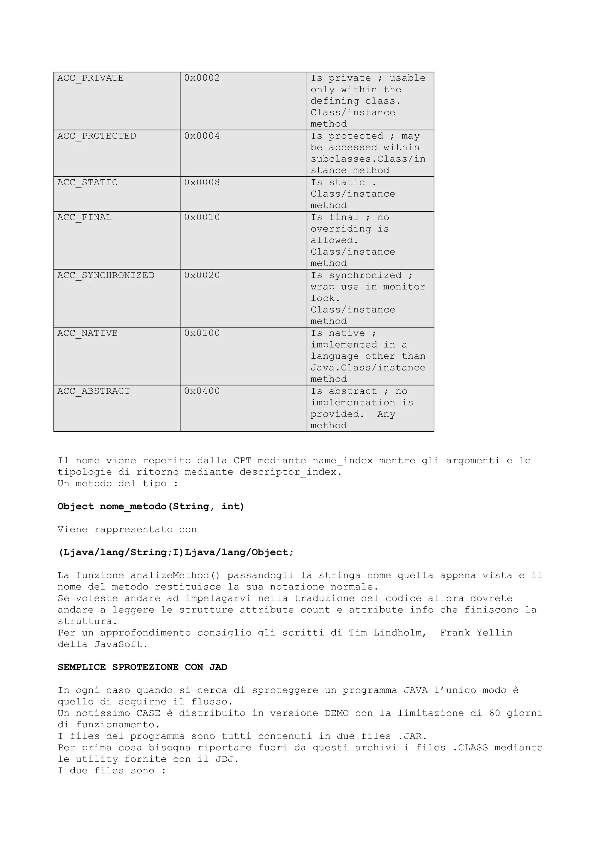 ACC_PRIVATE 0x0002 Is private ; usable
only within the
defining class.
Class/instance
method
ACC_PROTECTED 0x0004 Is protected ; may
be accessed within
subclasses.Class/in
stance method
ACC_STATIC 0x0008 Is static .
Class/instance
method
ACC_FINAL 0x0010 Is final ; no
overriding is
allowed.
Class/instance
method
ACC_SYNCHRONIZED 0x0020 Is synchronized ;
wrap use in monitor
lock.
Class/instance
method
ACC_NATIVE 0x0100 Is native ;
implemented in a
language other than
Java.Class/instance
method
ACC_ABSTRACT 0x0400 Is abstract ; no
implementation is
provided. Any
method
Il nome viene reperito dalla CPT mediante name_index mentre gli argomenti e le
tipologie di ritorno mediante descriptor_index.
Un metodo del tipo :
Object nome_metodo(String, int)
Viene rappresentato con
(Ljava/lang/String;I)Ljava/lang/Object;
La funzione analizeMethod() passandogli la stringa come quella appena vista e il
nome del metodo restituisce la sua notazione normale.
Se voleste andare ad impelagarvi nella traduzione del codice allora dovrete
andare a leggere le strutture attribute_count e attribute_info che finiscono la
struttura.
Per un approfondimento consiglio gli scritti di Tim Lindholm, Frank Yellin
della JavaSoft.
SEMPLICE SPROTEZIONE CON JAD
In ogni caso quando si cerca di sproteggere un programma JAVA l’unico modo è
quello di seguirne il flusso.
Un notissimo CASE è distribuito in versione DEMO con la limitazione di 60 giorni
di funzionamento.
I files del programma sono tutti contenuti in due files .JAR.
Per prima cosa bisogna riportare fuori da questi archivi i files .CLASS mediante
le utility fornite con il JDJ.
I due files sono :
 