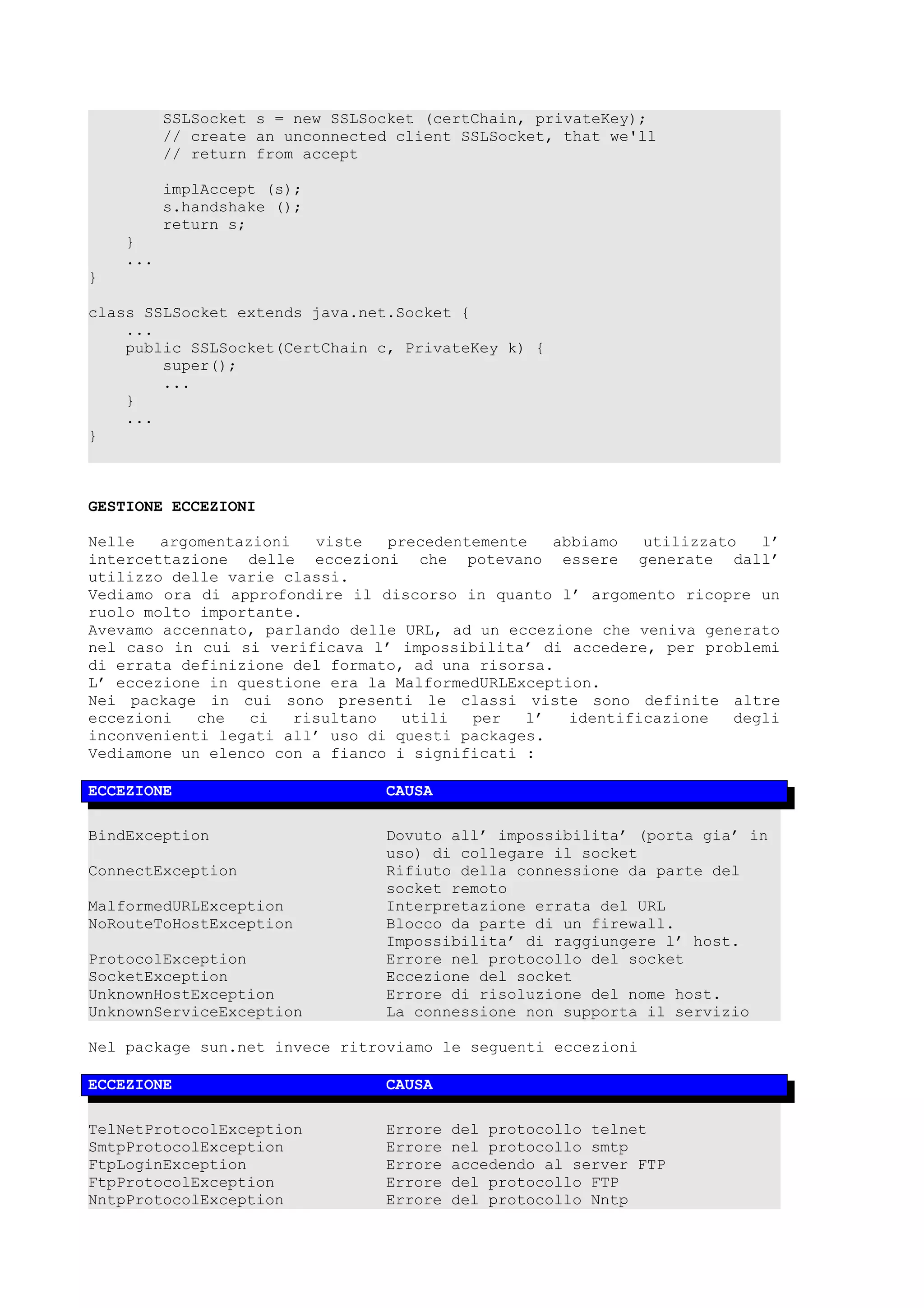 SSLSocket s = new SSLSocket (certChain, privateKey);
// create an unconnected client SSLSocket, that we'll
// return from accept
implAccept (s);
s.handshake ();
return s;
}
...
}
class SSLSocket extends java.net.Socket {
...
public SSLSocket(CertChain c, PrivateKey k) {
super();
...
}
...
}
GESTIONE ECCEZIONI
Nelle argomentazioni viste precedentemente abbiamo utilizzato l’
intercettazione delle eccezioni che potevano essere generate dall’
utilizzo delle varie classi.
Vediamo ora di approfondire il discorso in quanto l’ argomento ricopre un
ruolo molto importante.
Avevamo accennato, parlando delle URL, ad un eccezione che veniva generato
nel caso in cui si verificava l’ impossibilita’ di accedere, per problemi
di errata definizione del formato, ad una risorsa.
L’ eccezione in questione era la MalformedURLException.
Nei package in cui sono presenti le classi viste sono definite altre
eccezioni che ci risultano utili per l’ identificazione degli
inconvenienti legati all’ uso di questi packages.
Vediamone un elenco con a fianco i significati :
ECCEZIONE CAUSA
BindException Dovuto all’ impossibilita’ (porta gia’ in
uso) di collegare il socket
ConnectException Rifiuto della connessione da parte del
socket remoto
MalformedURLException Interpretazione errata del URL
NoRouteToHostException Blocco da parte di un firewall.
Impossibilita’ di raggiungere l’ host.
ProtocolException Errore nel protocollo del socket
SocketException Eccezione del socket
UnknownHostException Errore di risoluzione del nome host.
UnknownServiceException La connessione non supporta il servizio
Nel package sun.net invece ritroviamo le seguenti eccezioni
ECCEZIONE CAUSA
TelNetProtocolException Errore del protocollo telnet
SmtpProtocolException Errore nel protocollo smtp
FtpLoginException Errore accedendo al server FTP
FtpProtocolException Errore del protocollo FTP
NntpProtocolException Errore del protocollo Nntp
 