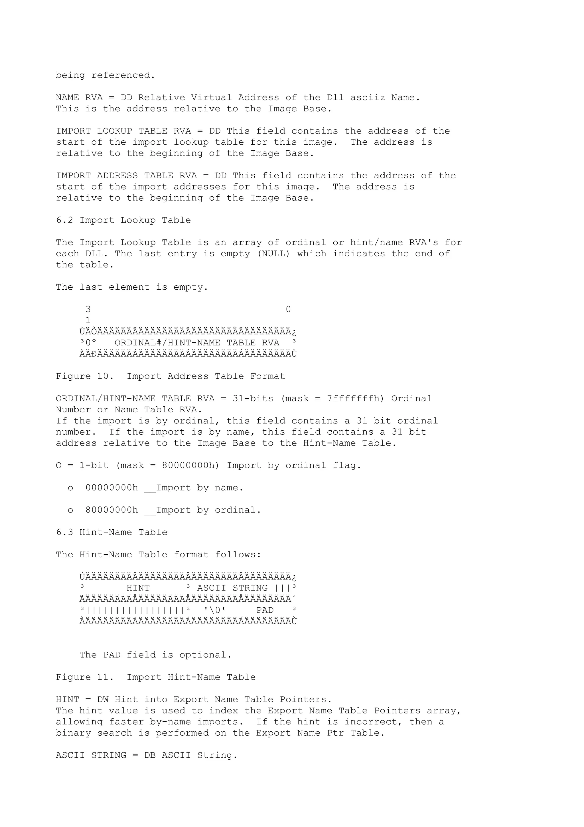 being referenced.
NAME RVA = DD Relative Virtual Address of the Dll asciiz Name.
This is the address relative to the Image Base.
IMPORT LOOKUP TABLE RVA = DD This field contains the address of the
start of the import lookup table for this image. The address is
relative to the beginning of the Image Base.
IMPORT ADDRESS TABLE RVA = DD This field contains the address of the
start of the import addresses for this image. The address is
relative to the beginning of the Image Base.
6.2 Import Lookup Table
The Import Lookup Table is an array of ordinal or hint/name RVA's for
each DLL. The last entry is empty (NULL) which indicates the end of
the table.
The last element is empty.
3 0
1
ÚÄÒÄÄÄÄÄÄÂÄÄÄÄÄÄÄÄÂÄÄÄÄÄÄÄÄÂÄÄÄÄÄÄÄÄ¿
³0º ORDINAL#/HINT-NAME TABLE RVA ³
ÀÄÐÄÄÄÄÄÄÁÄÄÄÄÄÄÄÄÁÄÄÄÄÄÄÄÄÁÄÄÄÄÄÄÄÄÙ
Figure 10. Import Address Table Format
ORDINAL/HINT-NAME TABLE RVA = 31-bits (mask = 7fffffffh) Ordinal
Number or Name Table RVA.
If the import is by ordinal, this field contains a 31 bit ordinal
number. If the import is by name, this field contains a 31 bit
address relative to the Image Base to the Hint-Name Table.
O = 1-bit (mask = 80000000h) Import by ordinal flag.
o 00000000h __Import by name.
o 80000000h __Import by ordinal.
6.3 Hint-Name Table
The Hint-Name Table format follows:
ÚÄÄÄÄÄÄÄÄÂÄÄÄÄÄÄÄÄÂÄÄÄÄÄÄÄÄÂÄÄÄÄÄÄÄÄ¿
³ HINT ³ ASCII STRING |||³
ÃÄÄÄÄÄÄÄÄÅÄÄÄÄÄÄÄÄÅÄÄÄÄÄÄÄÄÅÄÄÄÄÄÄÄÄ´
³|||||||||||||||||³ '0' PAD ³
ÀÄÄÄÄÄÄÄÄÁÄÄÄÄÄÄÄÄÁÄÄÄÄÄÄÄÄÁÄÄÄÄÄÄÄÄÙ
The PAD field is optional.
Figure 11. Import Hint-Name Table
HINT = DW Hint into Export Name Table Pointers.
The hint value is used to index the Export Name Table Pointers array,
allowing faster by-name imports. If the hint is incorrect, then a
binary search is performed on the Export Name Ptr Table.
ASCII STRING = DB ASCII String.
 