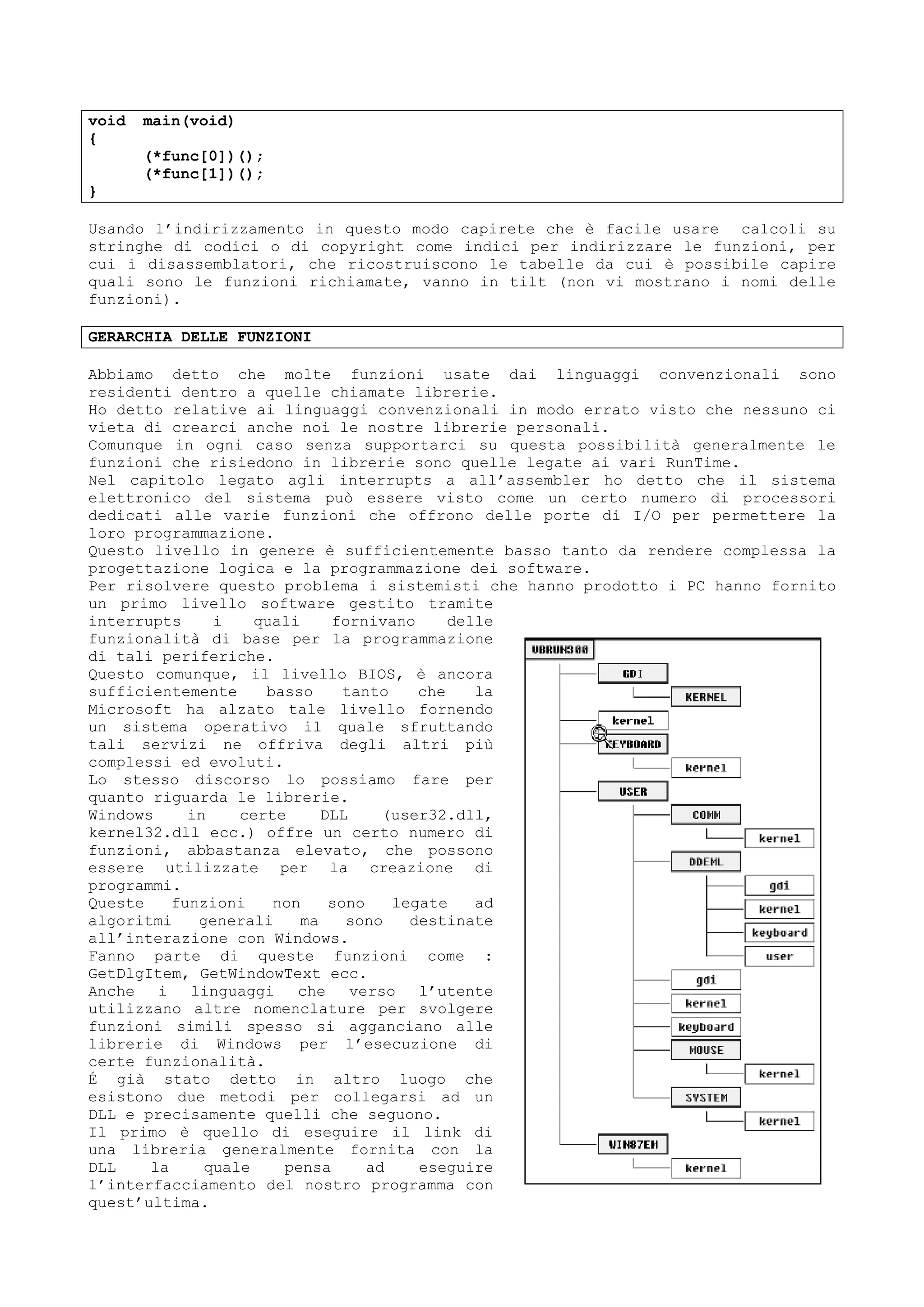 void main(void)
{
(*func[0])();
(*func[1])();
}
Usando l’indirizzamento in questo modo capirete che è facile usare calcoli su
stringhe di codici o di copyright come indici per indirizzare le funzioni, per
cui i disassemblatori, che ricostruiscono le tabelle da cui è possibile capire
quali sono le funzioni richiamate, vanno in tilt (non vi mostrano i nomi delle
funzioni).
GERARCHIA DELLE FUNZIONI
Abbiamo detto che molte funzioni usate dai linguaggi convenzionali sono
residenti dentro a quelle chiamate librerie.
Ho detto relative ai linguaggi convenzionali in modo errato visto che nessuno ci
vieta di crearci anche noi le nostre librerie personali.
Comunque in ogni caso senza supportarci su questa possibilità generalmente le
funzioni che risiedono in librerie sono quelle legate ai vari RunTime.
Nel capitolo legato agli interrupts a all’assembler ho detto che il sistema
elettronico del sistema può essere visto come un certo numero di processori
dedicati alle varie funzioni che offrono delle porte di I/O per permettere la
loro programmazione.
Questo livello in genere è sufficientemente basso tanto da rendere complessa la
progettazione logica e la programmazione dei software.
Per risolvere questo problema i sistemisti che hanno prodotto i PC hanno fornito
un primo livello software gestito tramite
interrupts i quali fornivano delle
funzionalità di base per la programmazione
di tali periferiche.
Questo comunque, il livello BIOS, è ancora
sufficientemente basso tanto che la
Microsoft ha alzato tale livello fornendo
un sistema operativo il quale sfruttando
tali servizi ne offriva degli altri più
complessi ed evoluti.
Lo stesso discorso lo possiamo fare per
quanto riguarda le librerie.
Windows in certe DLL (user32.dll,
kernel32.dll ecc.) offre un certo numero di
funzioni, abbastanza elevato, che possono
essere utilizzate per la creazione di
programmi.
Queste funzioni non sono legate ad
algoritmi generali ma sono destinate
all’interazione con Windows.
Fanno parte di queste funzioni come :
GetDlgItem, GetWindowText ecc.
Anche i linguaggi che verso l’utente
utilizzano altre nomenclature per svolgere
funzioni simili spesso si agganciano alle
librerie di Windows per l’esecuzione di
certe funzionalità.
É già stato detto in altro luogo che
esistono due metodi per collegarsi ad un
DLL e precisamente quelli che seguono.
Il primo è quello di eseguire il link di
una libreria generalmente fornita con la
DLL la quale pensa ad eseguire
l’interfacciamento del nostro programma con
quest’ultima.
 