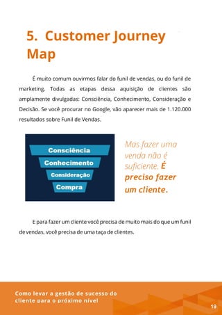 Como levar a gestão de sucesso do
cliente para o próximo nível
5. Customer Journey
Map
É muito comum ouvirmos falar do funil de vendas, ou do funil de
marketing. Todas as etapas dessa aquisição de clientes são
amplamente divulgadas: Consciência, Conhecimento, Consideração e
Decisão. Se você procurar no Google, vão aparecer mais de 1.120.000
resultados sobre Funil de Vendas.
É
preciso fazer
um cliente.
E para fazer um cliente você precisa de muito mais do que um funil
devendas, você precisa de uma taça de clientes.
19
 