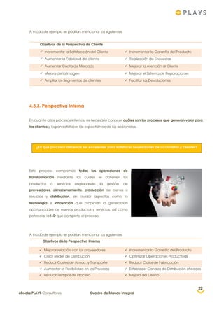 A modo de ejemplo se podrían mencionar los siguientes:
Objetivos de la Perspectiva de Cliente
 Incrementar la Satisfacción del Cliente  Incrementar la Garantía del Producto
 Aumentar la Fidelidad del cliente  Realización de Encuestas
 Aumentar Cuota de Mercado  Mejorar la Atención al Cliente
 Mejora de la Imagen  Mejorar el Sistema de Reparaciones
 Ampliar los Segmentos de clientes  Facilitar las Devoluciones
4.3.3. Perspectiva Interna
En cuanto a los procesos internos, es necesario conocer cuáles son los procesos que generan valor para
los clientes y logran satisfacer las expectativas de los accionistas.
Este proceso comprende todas las operaciones de
transformación mediante los cuales se obtienen los
productos o servicios englobando la gestión de
proveedores, almacenamiento, producción de bienes o
servicios y distribución, sin olvidar aspectos como la
tecnología e innovación que propician la generación
oportunidades de nuevos productos y servicios, así como
potenciar la I+D que completa el proceso.
A modo de ejemplo se podrían mencionar los siguientes:
Objetivos de la Perspectiva Interna
 Mejorar relación con los proveedores  Incrementar la Garantía del Producto
 Crear Redes de Distribución  Optimizar Operaciones Productivas
 Reducir Costes de Almac. y Transporte  Reducir Ciclos de Fabricación
 Aumentar la Flexibilidad en los Procesos  Establecer Canales de Distribución eficaces
 Reducir Tiempos de Proceso  Mejora del Diseño
¿En qué procesos debemos ser excelentes para satisfacer necesidades de accionistas y clientes?
22
eBooks PLAYS Consultores Cuadro de Mando Integral
 