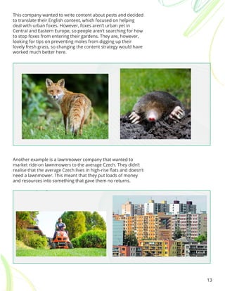 13
This company wanted to write content about pests and decided
to translate their English content, which focused on helping
deal with urban foxes. However, foxes aren’t urban yet in
Central and Eastern Europe, so people aren’t searching for how
to stop foxes from entering their gardens. They are, however,
looking for tips on preventing moles from digging up their
lovely fresh grass, so changing the content strategy would have
worked much better here.
Another example is a lawnmower company that wanted to
market ride-on lawnmowers to the average Czech. They didn’t
realise that the average Czech lives in high-rise flats and doesn’t
need a lawnmower. This meant that they put loads of money
and resources into something that gave them no returns.
 