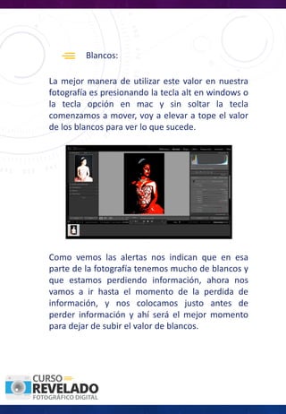 Blancos:
La mejor manera de utilizar este valor en nuestra
fotografía es presionando la tecla alt en windows o
la tecla opción en mac y sin soltar la tecla
comenzamos a mover, voy a elevar a tope el valor
de los blancos para ver lo que sucede.
Como vemos las alertas nos indican que en esa
parte de la fotografía tenemos mucho de blancos y
que estamos perdiendo información, ahora nos
vamos a ir hasta el momento de la perdida de
información, y nos colocamos justo antes de
perder información y ahí será el mejor momento
para dejar de subir el valor de blancos.
 