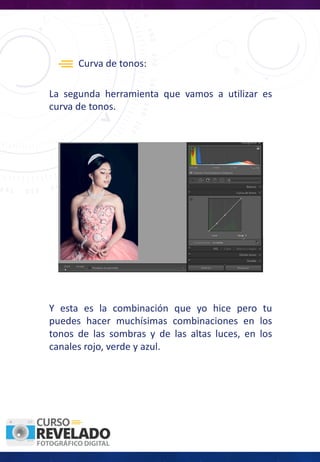 La segunda herramienta que vamos a utilizar es
curva de tonos.
Curva de tonos:
Y esta es la combinación que yo hice pero tu
puedes hacer muchísimas combinaciones en los
tonos de las sombras y de las altas luces, en los
canales rojo, verde y azul.
 