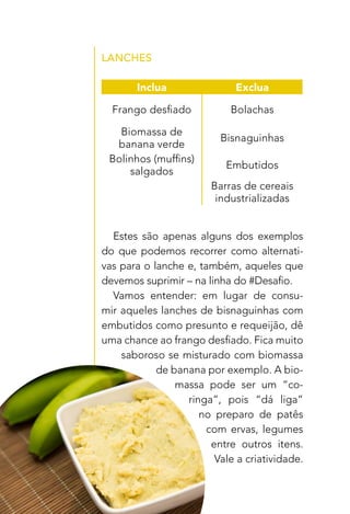 30
LANCHES
Estes são apenas alguns dos exemplos
do que podemos recorrer como alternati-
vas para o lanche e, também, aqueles que
devemos suprimir – na linha do #Desafio.
Vamos entender: em lugar de consu-
mir aqueles lanches de bisnaguinhas com
embutidos como presunto e requeijão, dê
uma chance ao frango desfiado. Fica muito
saboroso se misturado com biomassa
de banana por exemplo. A bio-
massa pode ser um “co-
ringa”, pois “dá liga”
no preparo de patês
com ervas, legumes
entre outros itens.
Vale a criatividade.
Inclua Exclua
Frango desfiado Bolachas
Biomassa de
banana verde
Bisnaguinhas
Bolinhos (muffins)
salgados
Embutidos
Barras de cereais
industrializadas
 