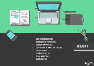 servicios
- construcciòn de marca
- diseño gráfico publicitario
- community management
- consultorias de marketing y ventas
- capacitaciones
- diseño de sitios web
- e-mail marketing
- sms marketing
 