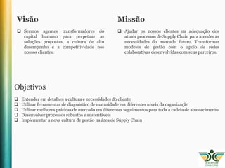 Visão
 Sermos agentes transformadores do
capital humano para perpetuar as
soluções propostas, a cultura de alto
desempenho e a competitividade nos
nossos clientes.
Missão
 Ajudar os nossos clientes na adequação dos
atuais processos de Supply Chain para atender as
necessidades do mercado futuro. Transformar
modelos de gestão com o apoio de redes
colaborativas desenvolvidas com seus parceiros.
Objetivos
 Entender em detalhes a cultura e necessidades do cliente
 Utilizar ferramentas de diagnóstico de maturidade em diferentes níveis da organização
 Utilizar melhores práticas de mercado em diferentes seguimentos para toda a cadeia de abastecimento
 Desenvolver processos robustos e sustentáveis
 Implementar a nova cultura de gestão na área de Supply Chain
 