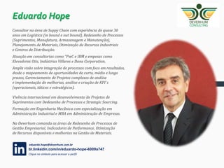 Eduardo Hope
Consultor na área de Suppy Chain com experiência de quase 30
anos em Logística (in bound e out bound), Redesenho de Processos
(Suprimentos, Manufatura, Armazenagem e Manutenção),
Planejamento de Materiais, Otimização de Recursos Industriais
e Centros de Distribuição.
Atuação em consultorias como “PwC e IBM e empesas como
Elevadores Otis, Indústrias Villares e Dana Corporation.
Ampla visão sobre integração de processos com foco em resultados,
desde o mapeamento de oportunidades de curto, médio e longo
prazos, Gerenciamento de Projetos complexos de análise
e implementação de melhorias, análise e criação de KPI´s
(operacionais, táticos e estratégicos).
Vivência internacional em desenvolvimento de Projetos de
Suprimentos com Dedesenho de Processos e Strategic Sourcing.
Formação em Engenharia Mecânica com especialização em
Administração Industrial e MBA em Administração de Empresas.
Na Deverhum comanda as áreas de Redesenho de Processos de
Gestão Empresarial, Indicadores de Performance, Otimização
de Recursos disponíveis e melhorias na Gestão de Materiais.
9
br.linkedin.com/in/eduardo-hope-6009a747
Clique no símbolo para acessar o perfil
eduardo.hope@deverhum.com.br
 
