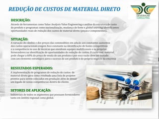 GESTÃO ESTRATÉGICA DE
FORNECEDORES
O QUE É
O relacionamento com fornecedores é um processo estratégico tanto
nos casos onde essas empresas apresentam riscos significativos de
ruptura como nas situações onde o parceiro é crítico para o sucesso
do negócio.
INDICADO PARA
Empresas cuja base de fornecimento apresentam aumento
significativo de risco de abastecimento e para aquelas que
enxergam os benefícios com a criação de relacionamentos mais
estratégicos com os fornecedores.
RESULTADO ESPERADO
Esse trabalho irá resultar na estruturação de processos e
políticas internas de gestão dos fornecedores de alto risco e dos
parceiros considerados fundamentais para o futuro do negócio.
 