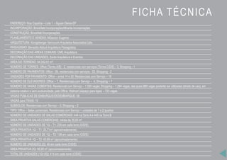 FICHA TÉCNICA
ENDEREÇO: Rua Copaíba – Lote 1 – Águas Claras-DF
INCORPORAÇÃO: Brookfield Incorporações/Mirante Incorporações
CONSTRUÇÃO: Brookfield Incorporações
PLANEJAMENTO E VENDAS: MGarzon Eugenio
ARQUITETURA: Konigsberger Vannucchi Arquitetos Associados Ltda.
PAISAGISMO: Benedito Abbud Arquitetura Paisagística
DECORAÇÃO DAS ÁREAS COMUNS: CMC Arquitetura
DECORAÇÃO DAS UNIDADES: Zardo Arquitetura e Eventos
ÁREA DO TERRENO: 64.042,61 m²
NÚMERO DE TORRES: Office (Torres A/B) - 2, residenciais com serviços (Torres C/D/E) - 3, Shopping - 1
NÚMERO DE PAVIMENTOS: Office - 26, residenciais com serviços - 23, Shopping - 2
UNIDADES POR PAVIMENTO: Office – entre 14 e 20, Residenciais com Serviço – 18
NÚMERO DE ELEVADORES: Office – 7, Residenciais com Serviço – 4, Shopping – 7
NÚMERO DE VAGAS COBERTAS: Residencial com Serviço – 1.339 vagas; Shopping – 1.294 vagas, das quais 889 vagas poderão ser utilizadas (direito de uso), em
sistema rotativo e sem exclusividade, pelo Office; Walmart (espaço para lojas) – 723 vagas
VAGAS PÚBLICAS DE EMBARQUE/DESEMBARQUE: 08
VAGAS para TÁXIS: 13
SUBSOLOS: Residenciais com Serviço – 2, Shopping – 2
TIPO: Office – Salas comerciais, Residenciais com Serviço – unidades de 1 e 2 quartos
NÚMERO DE UNIDADES DE SALAS COMERCIAIS: 444 na Torre A e 445 na Torre B
ÁREA PRIVATIVA SALAS COMERCIAIS: média de 35,00 m²
NÚMERO DE UNIDADES DE 1Q – T1: 230 em cada torre (C/D/E)
ÁREA PRIVATIVA 1Q – T1: 33,71m² (aproximadamente)
NÚMERO DE UNIDADES DE 1Q – T2: 138 em cada torre (C/D/E)
ÁREA PRIVATIVA 1Q – T2: 43,69 m² (aproximadamente)
NÚMERO DE UNIDADES 2Q: 46 em cada torre (C/D/E)
ÁREA PRIVATIVA 2Q: 56,69 m² (aproximadamente)
TOTAL DE UNIDADES (1Q+2Q): 414 em cada torre (C/D/E)
 