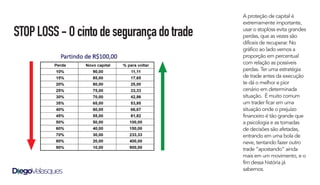 STOPLOSS-Ocintodesegurançadotrade
A proteção de capital é
extremamente importante,
usar o stoploss evita grandes
perdas, que as vezes são
difíceis de recuperar. No
gráfico ao lado vemos a
proporção em percentual
com relação as possíveis
perdas. Ter uma estratégia
de trade antes da execução
te dá o melhor e pior
cenário em determinada
situação. É muito comum
um trader ficar em uma
situação onde o prejuízo
financeiro é tão grande que
a psicologia e as tomadas
de decisões são afetadas,
entrando em uma bola de
neve, tentando fazer outro
trade “apostando” ainda
mais em um movimento, e o
fim dessa história já
sabemos.
 
