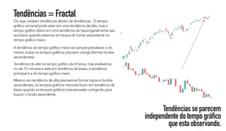 Tendências=Fractal
Ou seja, existem tendências dentro de tendências. O tempo
gráfico semanal pode estar em uma tendência de alta, mas o
tempo gráfico diário em uma tendência de baixa (geralmente isso
acontece quando estamos em busca do fundo ascendente no
tempo gráfico maior.
A tendência do tempo gráfico maior vai sempre prevalecer a do
menor, todos os tempos gráficos precisam corrigir (formar fundos
ascendentes).
Tendência de alta no tempo gráfico de 4 horas, mas analisamos
no de 15 minutos e esta em tendência de baixa, a tendência
principal é a do tempo gráfico maior.
Mesmo em tendência de alta precisamos formar topos e fundos
ascendentes, os tempos gráficos menores ficam em tendência de
baixa quando os tempos gráficos maiores estão corrigindo para
buscar o fundo ascendente.
Tendênciasseparecem
independentedotempográfico
queestaobservando.
 