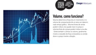 Volume determina a força de um movimento, é o
volume de compra/venda de um ativo em determi-
nado tempo gráfico. Volumes fortes de venda
podem indicar uma queda maior no preço e
volumes forte de compra podem indicar uma alta.
Existe também o climax no volume, geralmente
mostra a exaustão da força compradora ou vende-
dora e o preço inverte a direção.
Volume,comofunciona?
VOLUMEÉO
COMBUSTÍVELDA
TENDÊNCIA,ACABOU,
PAROU!
 