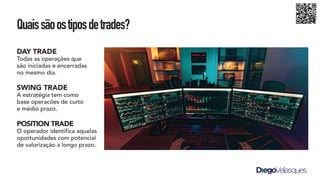 Quaissãoostiposdetrades?
DAY TRADE
Todas as operações que
são iniciadas e encerradas
no mesmo dia.
SWING TRADE
A estratégia tem como
base operacões de curto
e médio prazo.
POSITION TRADE
O operador identifica aquelas
oportunidades com potencial
de valorização a longo prazo.
 