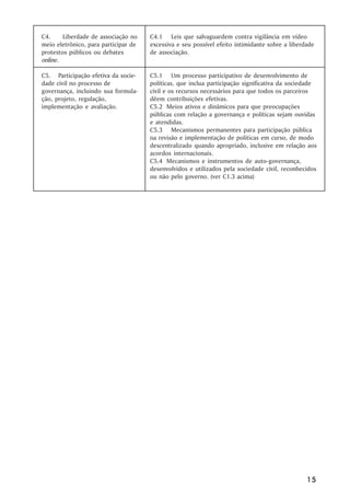 C4.     Liberdade de associação no    C4.1 Leis que salvaguardem contra vigilância em vídeo
meio eletrônico, para participar de   excessiva e seu possível efeito intimidante sobre a liberdade
protestos públicos ou debates         de associação.
online.

C5. Participação efetiva da socie-    C5.1 Um processo participativo de desenvolvimento de
dade civil no processo de             políticas, que inclua participação significativa da sociedade
governança, incluindo sua formula-    civil e os recursos necessários para que todos os parceiros
ção, projeto, regulação,              dêem contribuições efetivas.
implementação e avaliação.            C5.2 Meios ativos e dinâmicos para que preocupações
                                      públicas com relação a governança e políticas sejam ouvidas
                                      e atendidas.
                                      C5.3 Mecanismos permanentes para participação pública
                                      na revisão e implementação de políticas em curso, de modo
                                      descentralizado quando apropriado, inclusive em relação aos
                                      acordos internacionais.
                                      C5.4 Mecanismos e instrumentos de auto-governança,
                                      desenvolvidos e utilizados pela sociedade civil, reconhecidos
                                      ou não pelo governo. (ver C1.3 acima)




                                                                                                15
 