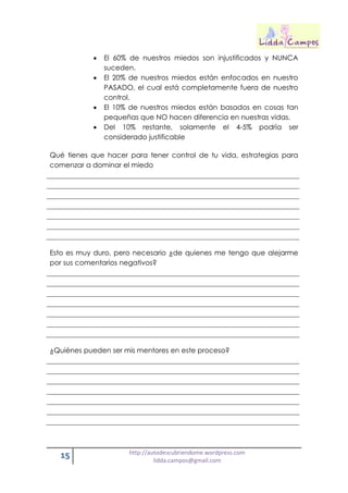 15 http://autodescubriendome.wordpress.com
lidda.campos@gmail.com
 El 60% de nuestros miedos son injustificados y NUNCA
suceden.
 El 20% de nuestros miedos están enfocados en nuestro
PASADO, el cual está completamente fuera de nuestro
control.
 El 10% de nuestros miedos están basados en cosas tan
pequeñas que NO hacen diferencia en nuestras vidas.
 Del 10% restante, solamente el 4-5% podría ser
considerado justificable
Qué tienes que hacer para tener control de tu vida, estrategias para
comenzar a dominar el miedo
Esto es muy duro, pero necesario ¿de quienes me tengo que alejarme
por sus comentarios negativos?
¿Quiénes pueden ser mis mentores en este proceso?
 