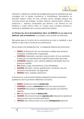 7 http://autodescubriendome.wordpress.com
lidda.campos@gmail.com
intención y abrirás los canales de energía para que las experiencias que
condigan con tu deseo comiencen a manifestarse, recordemos un
principio básico: todos en este universo somos energía porque hay
muchas formas de energía: nuclear, térmica, electromotriz, cinética y
potencial y estamos compuestos por átomos y los átomos no son
estáticos y cada átomo tiene un núcleo (que contiene protones y
neutrones), alrededor de la cual los electrones orbitan.
La Primera ley de la termodinámica dice: LA ENERGÍA no se crea ni se
destruye, solo se transforma. La energía nunca puede ser destruida.
Recuerda que en función de tus emociones se crea tu realidad, y que
defines tu día a día a través de tus sentimientos.
De acuerdo a los terapeutas hay 6 categorías básicas de emociones.
 MIEDO: Anticipación de una amenaza o peligro que produce
ansiedad, incertidumbre, inseguridad.
 SORPRESA: Sobresalto, asombro, desconcierto. Es muy transitoria.
Puede dar una aproximación cognitiva para saber qué pasa.
 AVERSIÓN: Disgusto, asco, solemos alejarnos del objeto que nos
produce aversión.
 IRA: Rabia, enojo, resentimiento, furia, irritabilidad.
 ALEGRÍA: Diversión, euforia, gratificación, contentos, da una
sensación de bienestar, de seguridad.
 TRISTEZA: Pena, soledad, pesimismo.
Si tenemos en cuenta esta finalidad adaptativa de las emociones,
podríamos decir que tienen diferentes funciones:
 MIEDO: Tendemos hacia la protección.
 SORPRESA: Ayuda a orientarnos frente a la nueva situación.
 AVERSIÓN: Nos produce rechazo hacia aquello que tenemos
delante.
 IRA: Nos induce hacia la destrucción.
 ALEGRÍA: Nos induce hacia la reproducción (deseamos reproducir
aquel suceso que nos hace sentir bien).
 TRISTEZA: Nos motiva hacia una nueva reintegración personal.
 