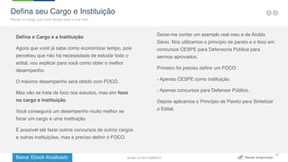 Baixar Ebook Atualizado
16
Defina o Cargo e a Instituição
Agora que você já sabe como economizar tempo, pois
percebeu que não há necessidade de estudar todo o
edital, vou explicar para você como obter o melhor
desempenho.
O máximo desempenho será obtido com FOCO.
Mas não se trata de foco nos estudos, mas sim foco
no cargo e instituição.
Você conseguirá um desempenho muito melhor se
focar um cargo e uma instituição.
É possível até fazer outros concursos de outros cargos
e outras instituições, mas é preciso definir o FOCO.
Deixe-me contar um exemplo real meu e de Aroldo
Sávio. Nós utilizamos o princípio de pareto e o foco em
concursos CESPE para Defensoria Pública para
sermos aprovados.
Primeiro foi preciso definir um FOCO:
- Apenas CESPE como instituição.
- Apenas concursos para Defensor Público.
Depois aplicamos o Princípio de Pareto para Sintetizar
o Edital.
Defina seu Cargo e Instituição
Pense no cargo que você almeja para a sua vida
Versão 2.0 de 21/06/2015
 