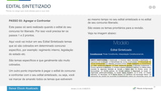 Baixar Ebook Atualizado
21
PASSO 03: Agregar e Confrontar
Este passo só será realizado quando o edital do seu
concurso for liberado. Por isso você precisa ter os
passos 1 e 2 prontos.
Aqui você vai incluir em seu Edital Sintetizado temas
que só são cobrados em determinado concurso
específico, por exemplo: regimento interno, legislação
do estado etc.
São temas específicos e que geralmente são muito
cobrados.
Um outro ponto importante é pegar o edital do concurso
e confrontar com o seu edital sintetizado, ou seja, você
vai marcar de amarelo todos os temas que estiverem
ao mesmo tempo no seu edital sintetizado e no edital
de seu concurso liberado. 
São esses os temas prioritários para a revisão.
Veja na imagem abaixo:
EDITAL SINTETIZADO
Pense no cargo que você deseja para a sua vida
Versão 2.0 de 21/06/2015
 