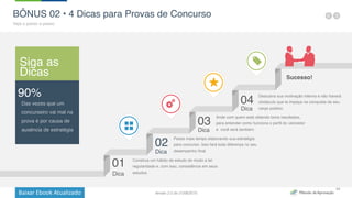 Baixar	
  Ebook	
  Atualizado
34
BÔNUS 02 • 4 Dicas para Provas de Concurso
Veja o passo a passo
Dica
01 Construa um hábito de estudo de modo a ter
regularidade e, com isso, consistência em seus
estudos.
Dica
02
Passe mais tempo elaborando sua estratégia
para concurso. Isso fará toda diferença no seu
desempenho final.
Dica
03
Ande com quem está obtendo bons resultados,
para entender como funciona o perfil do vencedor
e você será também.
Dica
04
Descubra sua motivação interna e não haverá
obstáculo que te impeça na conquista de seu
cargo público.
Sucesso!
Das vezes que um
concurseiro vai mal na
prova é por causa de
ausência de estratégia
Siga as
Dicas
90%
Versão 2.0 de 21/06/2015
 