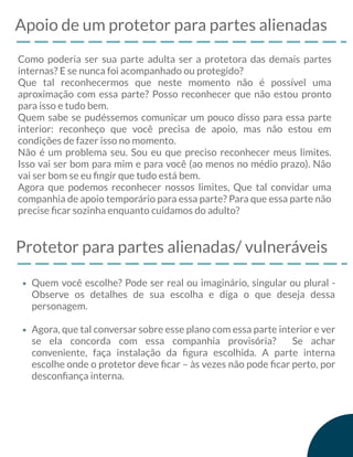 Apoio de um protetor para partes alienadas
Como poderia ser sua parte adulta ser a protetora das demais partes
internas? E se nunca foi acompanhado ou protegido?
Que tal reconhecermos que neste momento não é possível uma
aproximação com essa parte? Posso reconhecer que não estou pronto
para isso e tudo bem.
Quem sabe se pudéssemos comunicar um pouco disso para essa parte
interior: reconheço que você precisa de apoio, mas não estou em
condições de fazer isso no momento.
Não é um problema seu. Sou eu que preciso reconhecer meus limites.
Isso vai ser bom para mim e para você (ao menos no médio prazo). Não
vai ser bom se eu ﬁngir que tudo está bem.
Agora que podemos reconhecer nossos limites, Que tal convidar uma
companhia de apoio temporário para essa parte? Para que essa parte não
precise ﬁcar sozinha enquanto cuidamos do adulto?
Protetor para partes alienadas/ vulneráveis
Quem você escolhe? Pode ser real ou imaginário, singular ou plural -
Observe os detalhes de sua escolha e diga o que deseja dessa
personagem.
Agora, que tal conversar sobre esse plano com essa parte interior e ver
se ela concorda com essa companhia provisória? Se achar
conveniente, faça instalação da ﬁgura escolhida. A parte interna
escolhe onde o protetor deve ﬁcar – às vezes não pode ﬁcar perto, por
desconﬁança interna.
 