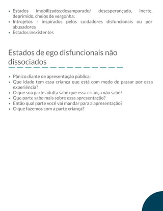 Estados imobilizados:desamparado/ desesperançado, inerte,
deprimido, cheios de vergonha;
Introjetos - inspirados pelos cuidadores disfuncionais ou por
abusadores
Estados inexistentes
Estados de ego disfuncionais não
dissociados
Pânico diante de apresentação pública:
Que idade tem essa criança que está com medo de passar por essa
experiência?
O que sua parte adulta sabe que essa criança não sabe?
Que parte sabe mais sobre essa apresentação?
Então qual parte você vai mandar para a apresentação?
O que fazemos com a parte criança?
 
