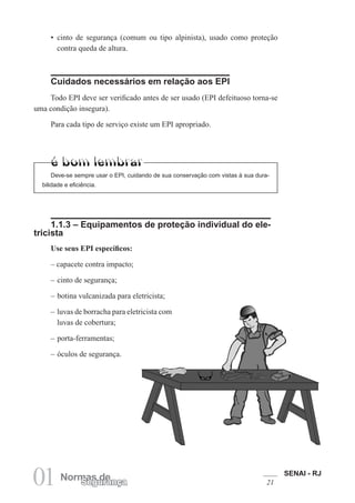 SENAI - RJ
2101 Normas deSegurança
• cinto de segurança (comum ou tipo alpinista), usado como proteção
contra queda de altura.
Cuidados necessários em relação aos EPI
Todo EPI deve ser verificado antes de ser usado (EPI defeituoso torna-se
uma condição insegura).
Para cada tipo de serviço existe um EPI apropriado.
Deve-se sempre usar o EPI, cuidando de sua conservação com vistas à sua dura-
bilidade e eficiência.
1.1.3 – Equipamentos de proteção individual do ele-
tricista
Use seus EPI específicos:
– capacete contra impacto;
– cinto de segurança;
– botina vulcanizada para eletricista;
– luvas de borracha para eletricista com
luvas de cobertura;
– porta-ferramentas;
– óculos de segurança.
 