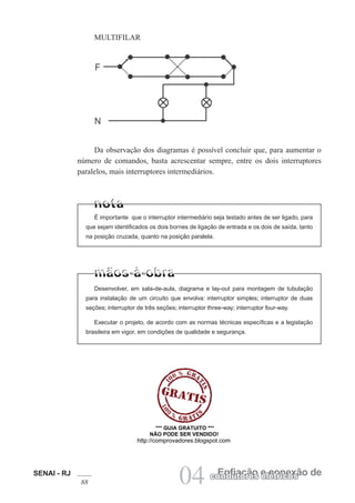 SENAI - RJ
88 04 Enfiação e conexão decondutores elétricos
MULTIFILAR
Da observação dos diagramas é possível concluir que, para aumentar o
número de comandos, basta acrescentar sempre, entre os dois interruptores
paralelos, mais interruptores intermediários.
É importante que o interruptor intermediário seja testado antes de ser ligado, para
que sejam identificados os dois bornes de ligação de entrada e os dois de saída, tanto
na posição cruzada, quanto na posição paralela.
Desenvolver, em sala-de-aula, diagrama e lay-out para montagem de tubulação
para instalação de um circuito que envolva: interruptor simples; interruptor de duas
seções; interruptor de três seções; interruptor three-way; interruptor four-way.
Executar o projeto, de acordo com as normas técnicas específicas e a legislação
brasileira em vigor, em condições de qualidade e segurança.
*** GUIA GRATUITO ***
NÃO PODE SER VENDIDO!
http://comprovadores.blogspot.com
 