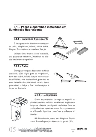 SENAI - RJ
91acionamento; iluminação
Montagem einstalalação de sistema de
05
5.1 – Peças e aparelhos instalados em
iluminação fluorescente
5.1.1 – Luminária fluorescente
É um aparelho de iluminação composto
de calha, receptáculos, difusor, starter, reator,
lâmpada fluorescente e acessório de fixação.
Existem tipos diversos dessa luminária,
que podem ser embutidos, pendentes ou fixa-
dos diretamente à superfície.
5.1.2 – Calha
É uma peça composta de estrutura metálica
esmaltada, com rasgos para os receptáculos,
furos para starter, reator e fixação. Possui mode-
los diferentes, com e sem difusor, para uma ou
mais lâmpadas, de comprimento variado. Serve
para refletir e dirigir o fluxo luminoso para a
área a ser iluminada.
5.1.3 – Receptáculo
É uma peça composta de corpo de baquelita ou
plástico; contatos, onde são introduzidos os pinos das
lâmpadas, e bornes, para ligar os condutores. Pode ser
conjugado com o suporte do starter. Serve para susten-
tar a lâmpada, ligando-a, através de seus bornes, ao
circuito.
Há tipos diversos, como para lâmpadas fluores-
centes de catodo preaquecido e catodo quente (HO).
 