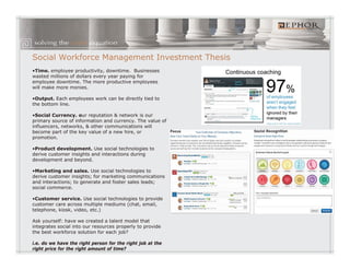 Social Workforce Management Investment Thesis
•Time. employee productivity, downtime. Businesses
wasted millions of dollars every year paying for
employee downtime. The more productive employees
    p y                         p              p y
will make more monies.

•Output. Each employees work can be directly tied to
the bottom line.

•Social Currency. our reputation & network is our
primary source of information and currency. The value of
influencers, networks, & other communications will
become part of the key value of a new hire, or
promotion.

•Product development. Use social technologies to
derive customer insights and interactions during
development and beyond.

•Marketing and sales. Use social technologies to
derive customer insights; for marketing communications
and interactions; to generate and foster sales leads;
social commerce.
   i l

•Customer service. Use social technologies to provide
customer care across multiple mediums (chat, email,
telephone, kiosk, video, etc.)

Ask yourself: have we created a talent model that
integrates social into our resources properly to provide
the best workforce solution for each job?

i.e. do we have the right person for the right job at the
right price for the right amount of time?
 