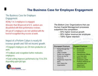 The Business Case for Employee Engagement
The Business Case for Employee
Engagement:
XOnly 1 in 3 employees is engaged.
XGreater than 80 percent of U.S. workers are       The Bottom Line: Organizations that use
dissatisfied with their performance reviews.       Human Capital Management processes
                                                   outperform the competition.
X4 out of 5 employees are not satisfied with the         44% higher revenue growth
level of recognition they receive at work
                                     work.               26% higher revenue per employee
                                                         109% higher retention

Impact of a Perform Culture is nearly 4X
revenue growth and 10X net iincome growth.
             th d          t             th
Engaged employees are 2X more productive at       Disengaged Employee           Engaged Employee
                                                                                 
work.                                              -   Going through the
                                                       motions
                                                                                      Emotionally
                                                                                      Connected.
Feedback d
F db k and recognition f th motivates
                      iti further ti t             -   Often invisible            Overachieve
                                                                                      Overachieve.
                                                   -   Dutiful, but negative      Discretionary Efforts.
employees.                                         -   Show up only for           Love their jobs.
                                                       check-ins                  Believe in their
Goal setting improves performance by 15 to 25%    -   Negatively impact the          employers’ goals.
depending upon job type
                   type.                               team                       Positive influence on
                                                   -   Don’t leave the                coworkers and
                                                       organization                   department
                                                                                      performance.
                                                                               March 26, 2013
 