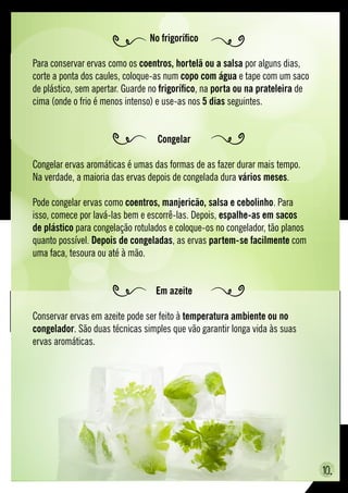 No frigorífico
Para conservar ervas como os coentros, hortelã ou a salsa por alguns dias,
corte a ponta dos caules, coloque-as num copo com água e tape com um saco
de plástico, sem apertar. Guarde no frigorífico, na porta ou na prateleira de
cima (onde o frio é menos intenso) e use-as nos 5 dias seguintes.
Congelar
Congelar ervas aromáticas é umas das formas de as fazer durar mais tempo.
Na verdade, a maioria das ervas depois de congelada dura vários meses.
Pode congelar ervas como coentros, manjericão, salsa e cebolinho. Para
isso, comece por lavá-las bem e escorrê-las. Depois, espalhe-as em sacos
de plástico para congelação rotulados e coloque-os no congelador, tão planos
quanto possível. Depois de congeladas, as ervas partem-se facilmente com
uma faca, tesoura ou até à mão.
Em azeite
Conservar ervas em azeite pode ser feito à temperatura ambiente ou no
congelador. São duas técnicas simples que vão garantir longa vida às suas
ervas aromáticas.
10.
 