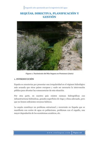 Segundo año apostando por la ingeniería del agua
w w w . e s e l a g u a . c o m Página 116
SEQUÍAS, DIRECTIVA, PLANIFICACIÓN Y
GESTIÓN
Figura 1. Nacimiento del Río Segura en Pontones (Jaén)
1. INTRODUCCIÓN
España se caracteriza por presentar una irregularidad en el régimen hidrológico
más acusada que otros países europeos y suele ser necesaria la intervención
pública para afrontar las consecuencias de esta situación.
Por otra parte, en nuestro país existen cuencas hidrográficas con
infraestructuras hidráulicas, grandes superficies de riego y clima adecuado, pero
que no tienen suficientes recursos hídricos.
La sequía constituye un problema estructural y recurrente en España que se
manifiesta con cortes de agua en poblaciones, problemas con el regadío, una
mayor degradación de los ecosistemas acuáticos, etc.
 