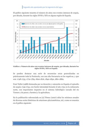 Segundo año apostando por la ingeniería del agua
w w w . e s e l a g u a . c o m Página 118
El gráfico siguiente muestra el número de años con eventos intensos de sequía,
por década, durante los siglos XVIII y XIX en alguna región de España.
Gráfico 1. Número de años con eventos intensos de sequía, por década, durante los
siglos XVIII y XIX en España
Se pueden destacar una serie de secuencias secas generalizadas en
prácticamente toda la Península, con una alta frecuencia en las rogativas, y que
son: 1748-1755, 1779-1784, 1800-1816, 1840-1850, 1861-1880.
Font Tullot (1988) destacaba por su duración y extensión en España el episodio
de sequía 1749-1753, con fuerte intensidad durante el año 1752 en la submeseta
norte, con importantes impactos en el sistema hidrológico (secado del río
Tormes y de pozos y fuentes) y la agricultura.
En la publicación referenciada en [2] Témez (2007) sitúa los mínimos anuales
de diversas series históricas de estaciones pluviométricas, tal y como se muestra
en el gráfico siguiente:
 