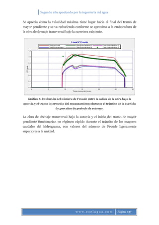 Segundo año apostando por la ingeniería del agua
w w w . e s e l a g u a . c o m Página 137
Se aprecia como la velocidad máxima tiene lugar hacia el final del tramo de
mayor pendiente y se va reduciendo conforme se aproxima a la embocadura de
la obra de drenaje transversal bajo la carretera existente.
Gráfico 8. Evolución del número de Froude entre la salida de la obra bajo la
autovía y el tramo intermedio del encauzamiento durante el tránsito de la avenida
de 500 años de periodo de retorno.
La obra de drenaje transversal bajo la autovía y el inicio del tramo de mayor
pendiente funcionarían en régimen rápido durante el tránsito de los mayores
caudales del hidrograma, con valores del número de Froude ligeramente
superiores a la unidad.
 