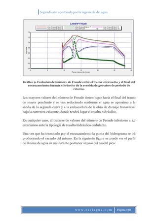 Segundo año apostando por la ingeniería del agua
w w w . e s e l a g u a . c o m Página 138
Gráfico 9. Evolución del número de Froude entre el tramo intermedio y el final del
encauzamiento durante el tránsito de la avenida de 500 años de periodo de
retorno.
Los mayores valores del número de Froude tienen lugar hacia el final del tramo
de mayor pendiente y se van reduciendo conforme el agua se aproxima a la
salida de la segunda curva y a la embocadura de la obra de drenaje transversal
bajo la carretera existente, donde tendrá lugar el resalto hidráulico.
En cualquier caso, al tratarse de valores del número de Froude inferiores a 1,7
estaríamos ante la tipología de resalto hidráulico ondulante.
Una vez que ha transitado por el encauzamiento la punta del hidrograma se irá
produciendo el vaciado del mismo. En la siguiente figura se puede ver el perfil
de lámina de agua en un instante posterior al paso del caudal pico:
 