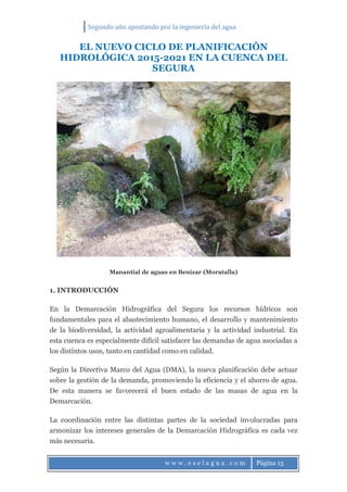Segundo año apostando por la ingeniería del agua
w w w . e s e l a g u a . c o m Página 13
EL NUEVO CICLO DE PLANIFICACIÓN
HIDROLÓGICA 2015-2021 EN LA CUENCA DEL
SEGURA
Manantial de aguas en Benizar (Moratalla)
1. INTRODUCCIÓN
En la Demarcación Hidrográfica del Segura los recursos hídricos son
fundamentales para el abastecimiento humano, el desarrollo y mantenimiento
de la biodiversidad, la actividad agroalimentaria y la actividad industrial. En
esta cuenca es especialmente difícil satisfacer las demandas de agua asociadas a
los distintos usos, tanto en cantidad como en calidad.
Según la Directiva Marco del Agua (DMA), la nueva planificación debe actuar
sobre la gestión de la demanda, promoviendo la eficiencia y el ahorro de agua.
De esta manera se favorecerá el buen estado de las masas de agua en la
Demarcación.
La coordinación entre las distintas partes de la sociedad involucradas para
armonizar los intereses generales de la Demarcación Hidrográfica es cada vez
más necesaria.
 