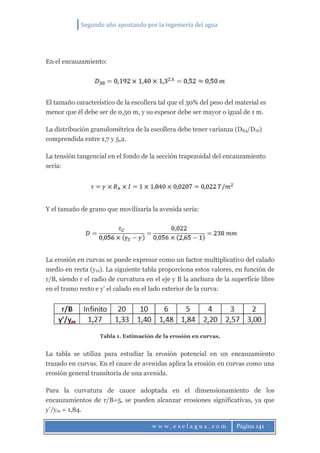 Segundo año apostando por la ingeniería del agua
w w w . e s e l a g u a . c o m Página 141
En el encauzamiento:
El tamaño característico de la escollera tal que el 30% del peso del material es
menor que él debe ser de 0,50 m, y su espesor debe ser mayor o igual de 1 m.
La distribución granulométrica de la escollera debe tener varianza (D84/D16)
comprendida entre 1,7 y 5,2.
La tensión tangencial en el fondo de la sección trapezoidal del encauzamiento
sería:
Y el tamaño de grano que movilizaría la avenida sería:
La erosión en curvas se puede expresar como un factor multiplicativo del calado
medio en recta (ym). La siguiente tabla proporciona estos valores, en función de
r/B, siendo r el radio de curvatura en el eje y B la anchura de la superficie libre
en el tramo recto e y’ el calado en el lado exterior de la curva:
Tabla 1. Estimación de la erosión en curvas.
La tabla se utiliza para estudiar la erosión potencial en un encauzamiento
trazado en curvas. En el cauce de avenidas aplica la erosión en curvas como una
erosión general transitoria de una avenida.
Para la curvatura de cauce adoptada en el dimensionamiento de los
encauzamientos de r/B=5, se pueden alcanzar erosiones significativas, ya que
y’/ym = 1,84.
 