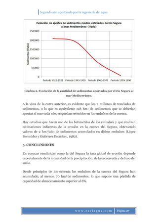 Segundo año apostando por la ingeniería del agua
w w w . e s e l a g u a . c o m Página 27
Gráfico 2. Evolución de la cantidad de sedimentos aportados por el río Segura al
mar Mediterráneo.
A la vista de la curva anterior, es evidente que los 2 millones de toneladas de
sedimentos, o lo que es equivalente 0,8 hm3 de sedimentos que se deberían
aportar al mar cada año, se quedan retenidos en los embalses de la cuenca.
Hay estudios que hacen uso de las batimetrías de los embalses y que realizan
estimaciones indirectas de la erosión en la cuenca del Segura, obteniendo
valores de 2 hm3/año de sedimentos acumulados en dichos embalses (López
Bermúdez y Gutiérrez Escudero, 1982).
5. CONCLUSIONES
En cuencas semiáridas como la del Segura la tasa global de erosión depende
especialmente de la intensidad de la precipitación, de la escorrentía y del uso del
suelo.
Desde principios de los ochenta los embalses de la cuenca del Segura han
acumulado, al menos, 70 hm3 de sedimentos, lo que supone una pérdida de
capacidad de almacenamiento superior al 6%.
 