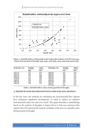 Segundo año apostando por la ingeniería del agua
w w w . e s e l a g u a . c o m Página 42
Figure 1. Rainfall-inflow relationship in the Segura River Basin with PET 900 mm.
Values from periods of drought 1941-1945, 1979-1983, 1990-1995 and 2004-2008.
Table 1. Rainfall-inflow values during periods of drought.
3. MINIMUM FLOW REGIMES BETWEEN OJÓS DAM AND ARCHENA
In the last years, the methods for calculating the environmental flow regimes
have undergone significant development, in order to achieve an objective
environmental status for each river reach. This paper describes a methodology
based on the analysis of droughts in Segura River to find new minimum flow
regimes that will represent the natural variability of the river at a monthly scale,
during periods of drought.
 