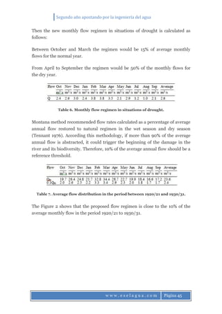 Segundo año apostando por la ingeniería del agua
w w w . e s e l a g u a . c o m Página 45
Then the new monthly flow regimen in situations of drought is calculated as
follows:
Between October and March the regimen would be 15% of average monthly
flows for the normal year.
From April to September the regimen would be 50% of the monthly flows for
the dry year.
Table 6. Monthly flow regimen in situations of drought.
Montana method recommended flow rates calculated as a percentage of average
annual flow restored to natural regimen in the wet season and dry season
(Tennant 1976). According this methodology, if more than 90% of the average
annual flow is abstracted, it could trigger the beginning of the damage in the
river and its biodiversity. Therefore, 10% of the average annual flow should be a
reference threshold.
Table 7. Average flow distribution in the period between 1920/21 and 1930/31.
The Figure 2 shows that the proposed flow regimen is close to the 10% of the
average monthly flow in the period 1920/21 to 1930/31.
 