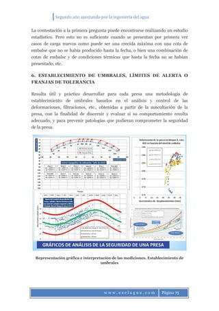Segundo año apostando por la ingeniería del agua
w w w . e s e l a g u a . c o m Página 75
La contestación a la primera pregunta puede encontrarse realizando un estudio
estadístico. Pero esto no es suficiente cuando se presentan por primera vez
casos de carga nuevos como puede ser una crecida máxima con una cota de
embalse que no se había producido hasta la fecha, o bien una combinación de
cotas de embalse y de condiciones térmicas que hasta la fecha no se habían
presentado, etc.
6. ESTABLECIMIENTO DE UMBRALES, LÍMITES DE ALERTA O
FRANJAS DE TOLERANCIA
Resulta útil y práctico desarrollar para cada presa una metodología de
establecimiento de umbrales basados en el análisis y control de las
deformaciones, filtraciones, etc., obtenidas a partir de la auscultación de la
presa, con la finalidad de discernir y evaluar si su comportamiento resulta
adecuado, y para prevenir patologías que pudieran comprometer la seguridad
de la presa.
Representación gráfica e interpretación de las mediciones. Establecimiento de
umbrales
 