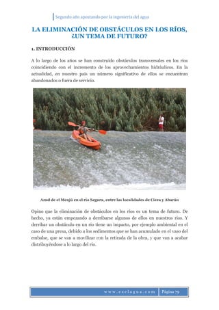 Segundo año apostando por la ingeniería del agua
w w w . e s e l a g u a . c o m Página 79
LA ELIMINACIÓN DE OBSTÁCULOS EN LOS RÍOS,
¿UN TEMA DE FUTURO?
1. INTRODUCCIÓN
A lo largo de los años se han construido obstáculos transversales en los ríos
coincidiendo con el incremento de los aprovechamientos hidráulicos. En la
actualidad, en nuestro país un número significativo de ellos se encuentran
abandonados o fuera de servicio.
Azud de el Menjú en el río Segura, entre las localidades de Cieza y Abarán
Opino que la eliminación de obstáculos en los ríos es un tema de futuro. De
hecho, ya están empezando a derribarse algunos de ellos en nuestros ríos. Y
derribar un obstáculo en un río tiene un impacto, por ejemplo ambiental en el
caso de una presa, debido a los sedimentos que se han acumulado en el vaso del
embalse, que se van a movilizar con la retirada de la obra, y que van a acabar
distribuyéndose a lo largo del río.
 