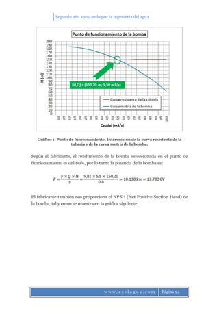 Segundo año apostando por la ingeniería del agua
w w w . e s e l a g u a . c o m Página 94
Gráfico 1. Punto de funcionamiento. Intersección de la curva resistente de la
tubería y de la curva motriz de la bomba.
Según el fabricante, el rendimiento de la bomba seleccionada en el punto de
funcionamiento es del 80%, por lo tanto la potencia de la bomba es:
El fabricante también nos proporciona el NPSH (Net Positive Suction Head) de
la bomba, tal y como se muestra en la gráfica siguiente:
 